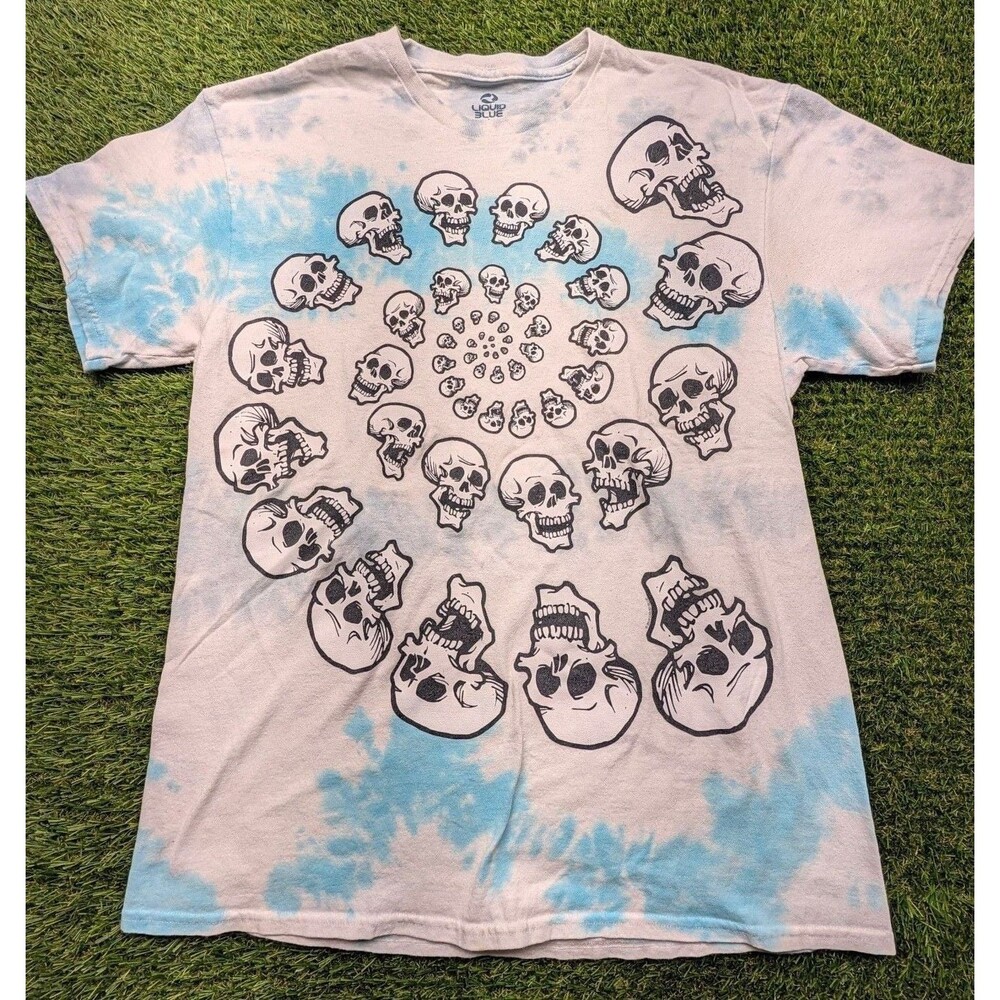 Liquid Blue Spiral Skulls Tie Dye T-Shirt size Large